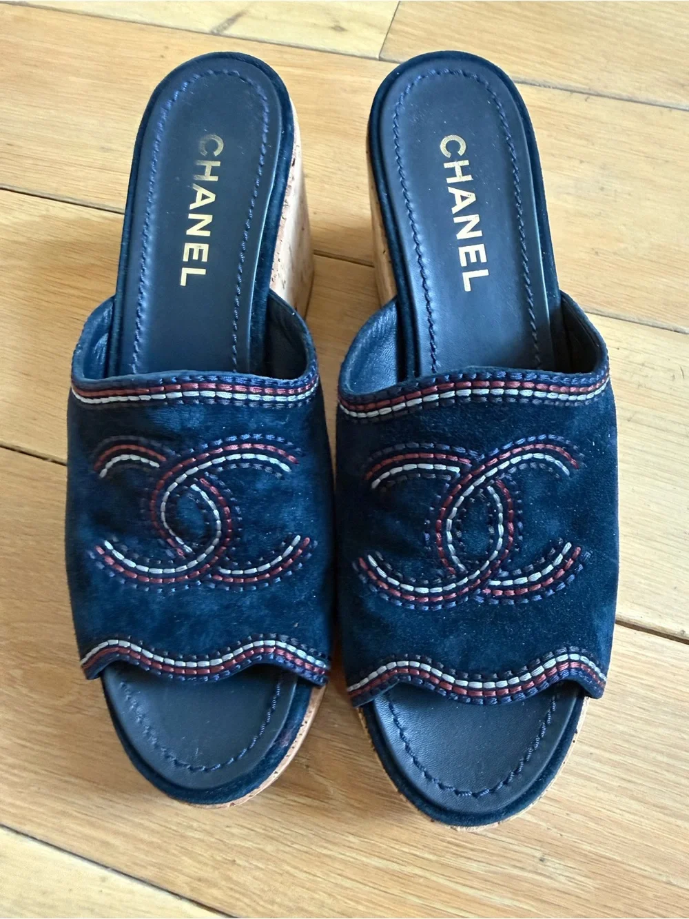 CHANEL Navy Suede Slide Mules with Multicolor Stitching